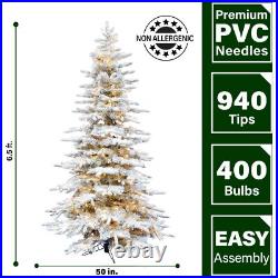 6.5-Ft. Mountain Pine Flocked Artificial Christmas Tree with Warm White LED L 6.5-Ft. Mountain Pine Flocked Artificial Christmas Tree with Warm White LED L