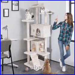 70 Inch Cat Tree with 3 Perches 2 Condos Sisal Pole Ladders for Large Cats Beige