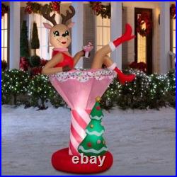 7Ft Christmas Inflatable Reindeer in Pink Cocktail Drink LED Lights Yard Decor