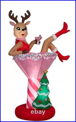 7Ft Christmas Inflatable Reindeer in Pink Cocktail Drink LED Lights Yard Decor