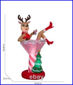 7Ft Christmas Inflatable Reindeer in Pink Cocktail Drink LED Lights Yard Decor