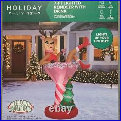7Ft Christmas Inflatable Reindeer in Pink Cocktail Drink LED Lights Yard Decor