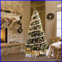 7.5FT Snow Tipped Christmas Tree with 350 Warm Lights & Silver Ribbon for Party
