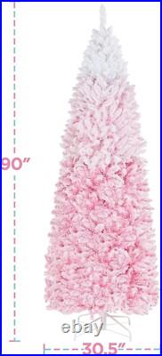 7.5 ft pink gradient pre-lit snow flocked tall Christmas tree slim skinny xmas