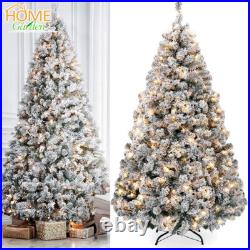 7.5ft Artificial Pre-lit Christmas Tree Snow White Flocked Hinged Bushy Xmas