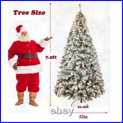 7.5ft Snow White Flocked Christmas Tree Pre-Lit Artificial Xmas Hinged Decor