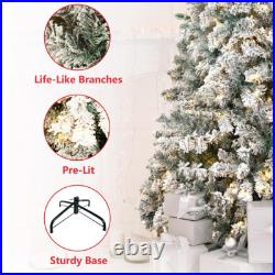 7.5ft Snow White Flocked Christmas Tree Pre-Lit Artificial Xmas Hinged Decor
