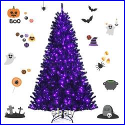 7 FT Pre-lit Black Halloween Tree Artificial Hinged Christmas Tree
