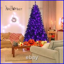 7 FT Pre-lit Black Halloween Tree Artificial Hinged Christmas Tree