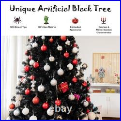 7 FT Pre-lit Black Halloween Tree Artificial Hinged Christmas Tree