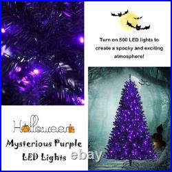 7 FT Pre-lit Black Halloween Tree Artificial Hinged Christmas Tree