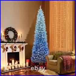 7 ft Snow Flocked Artificial Christmas Tree Pencil Slim Blue Tree with300 Lights