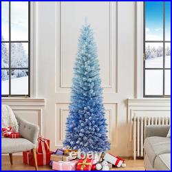 7 ft Snow Flocked Artificial Christmas Tree Pencil Slim Blue Tree with300 Lights