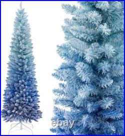7 ft Snow Flocked Artificial Christmas Tree Pencil Slim Blue Tree with300 Lights