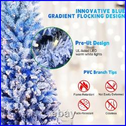 7 ft Snow Flocked Artificial Christmas Tree Pencil Slim Blue Tree with300 Lights