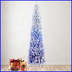 7 ft Snow Flocked Artificial Christmas Tree Pencil Slim Blue Tree with300 Lights