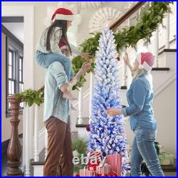 7 ft Snow Flocked Artificial Christmas Tree Pencil Slim Blue Tree with300 Lights