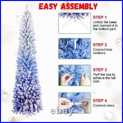 7 ft Snow Flocked Artificial Christmas Tree Pencil Slim Blue Tree with300 Lights