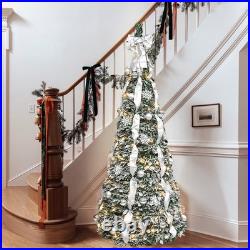 7ft Prelit Flocked Artificial Pop Up Christmas Tree Pull Up Tree&200Light Silver