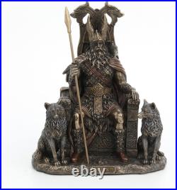 8 5/8 Inch Odin Sitting on Throne with Wolves Resin Sculpture Bronze Finish Viki