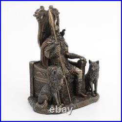 8 5/8 Inch Odin Sitting on Throne with Wolves Resin Sculpture Bronze Finish Viki