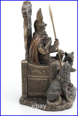 8 5/8 Inch Odin Sitting on Throne with Wolves Resin Sculpture Bronze Finish Viki