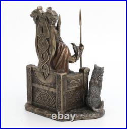 8 5/8 Inch Odin Sitting on Throne with Wolves Resin Sculpture Bronze Finish Viki