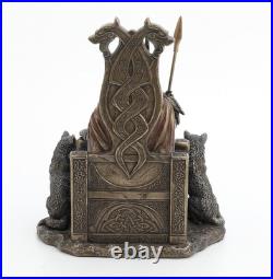 8 5/8 Inch Odin Sitting on Throne with Wolves Resin Sculpture Bronze Finish Viki