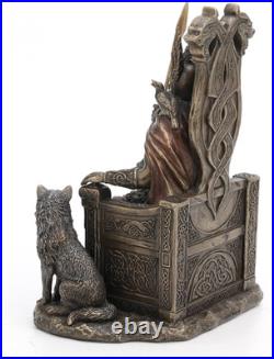 8 5/8 Inch Odin Sitting on Throne with Wolves Resin Sculpture Bronze Finish Viki