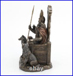 8 5/8 Inch Odin Sitting on Throne with Wolves Resin Sculpture Bronze Finish Viki
