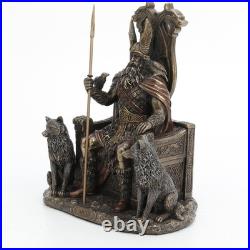 8 5/8 Inch Odin Sitting on Throne with Wolves Resin Sculpture Bronze Finish Viki