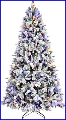 8 FT Snow Flocked Artificial Christmas Tree &2-in-1 White Multi-Color LED Lights