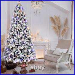 8 FT Snow Flocked Artificial Christmas Tree &2-in-1 White Multi-Color LED Lights