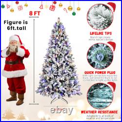 8 FT Snow Flocked Artificial Christmas Tree &2-in-1 White Multi-Color LED Lights