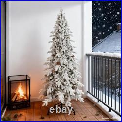 8 ft Snow Flocked Artificial Christmas Tree Pencil Spruce tree with 44 Pine Cone