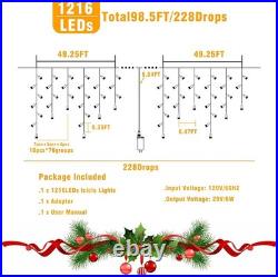 99 Ft Blue Icicle Christmas Lights Outdoor 1216 LED 228 Drops String Lights