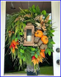 AUTUMN DAYS Fall Farmhouse Pumpkins Lantern Rustic Country PREM 33L Door Wreath