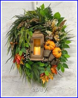 AUTUMN DAYS Fall Farmhouse Pumpkins Lantern Rustic Country PREM 33L Door Wreath