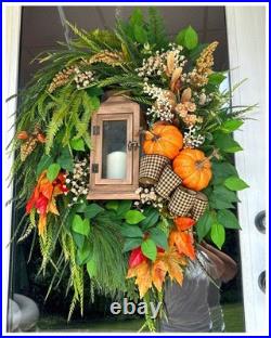 AUTUMN DAYS Fall Farmhouse Pumpkins Lantern Rustic Country PREM 33L Door Wreath