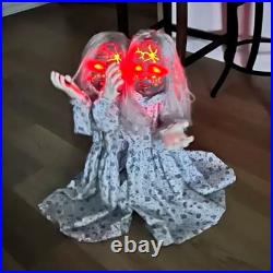Animated Haunted Twin Dolls 34in Halloween Prop Sound Motion Activated Decor