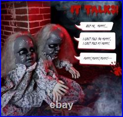 Animated Haunted Twin Dolls 34in Halloween Prop Sound Motion Activated Decor