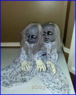 Animated Haunted Twin Dolls 34in Halloween Prop Sound Motion Activated Decor