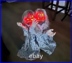 Animated Haunted Twin Dolls 34in Halloween Prop Sound Motion Activated Decor