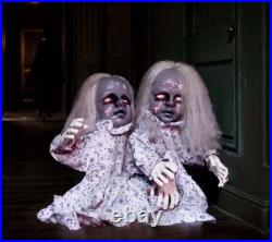 Animated Haunted Twin Dolls 34in Halloween Prop Sound Motion Activated Decor