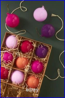 Anthropologie 2 Opaque Glass Ball Ornaments Bauble Set 12 Pink Glitterville NEW