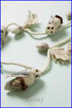Anthropologie Garland FELTED OWL Leaves Holiday Wool Neutral Ivory Rope 6' NWT