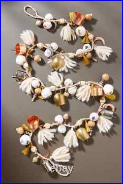 Anthropologie Meliora Garland Bells Linen Ribbon Tassels Pom Poms Christmas NEW
