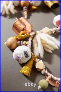 Anthropologie Meliora Garland Bells Linen Ribbon Tassels Pom Poms Christmas NEW