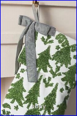 Anthropologie Noelle Stocking Green Embroidered Trees Gray Velvet Bow HolidayNEW