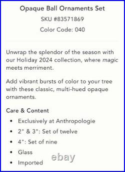 Anthropologie Opaque Ball Ornaments Set of 9 Glass Christmas Holiday Blue Green